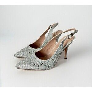 Lauren Lorraine Rachel Silver Shimmer Pointed Toe Embellished Slingback Pumps